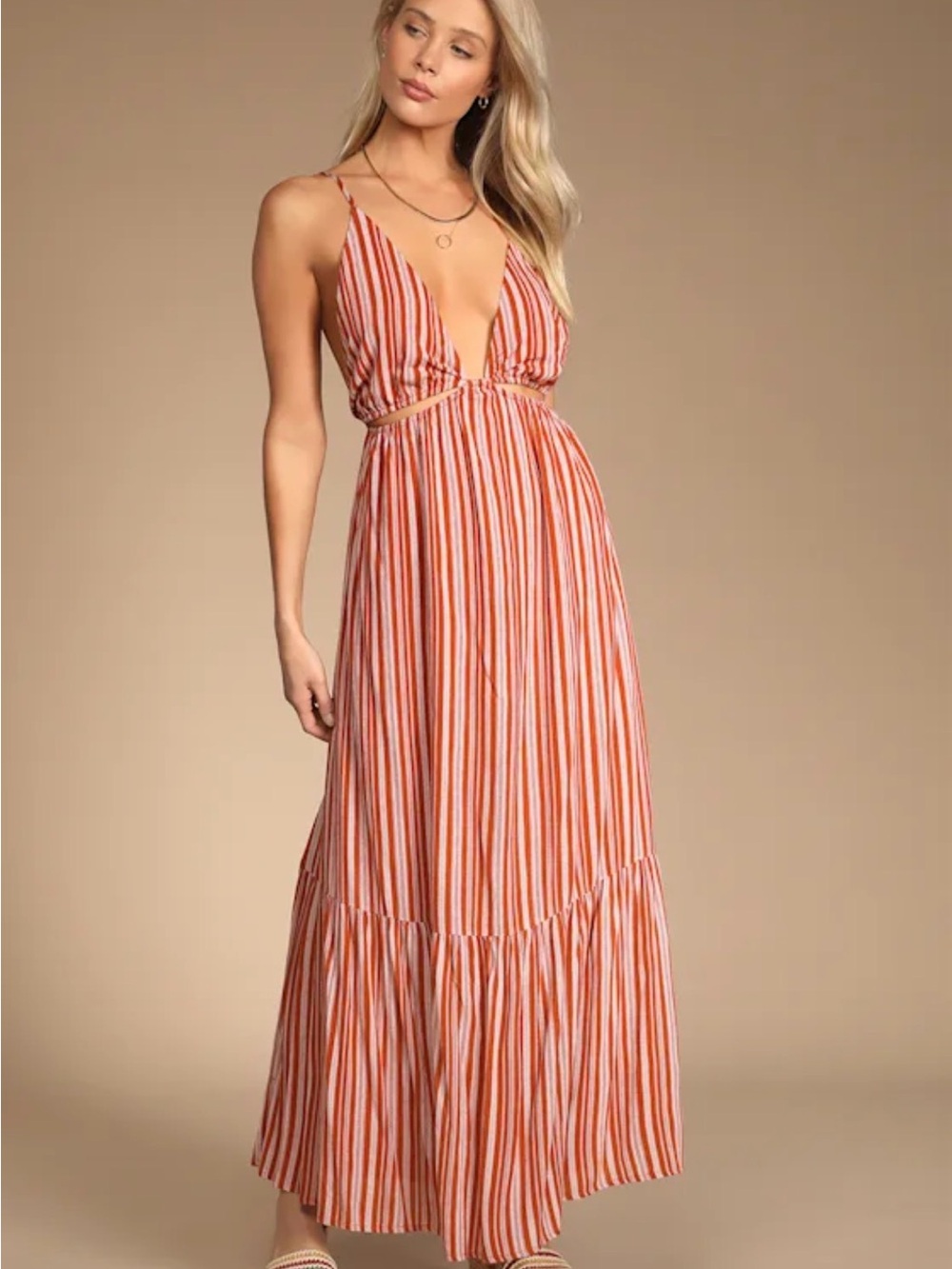 Lulu’s Striped Rust Cutout Maxi Dress